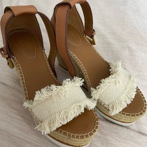 See by Chloe Frayed Wedge Sandals Beige Leather